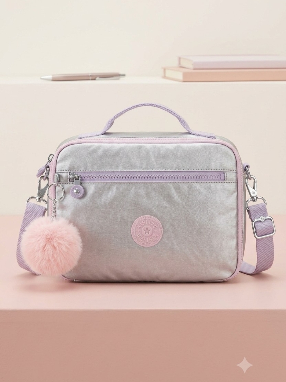 Kipling Silver and Pink Crossbody Bag with Pom Pom